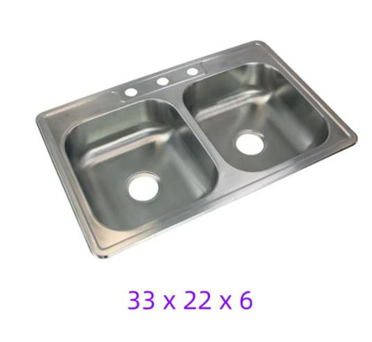 A6512, 3-Hole Drop-in Double Bowl Gauge Stainless Steel Kitchen Sink