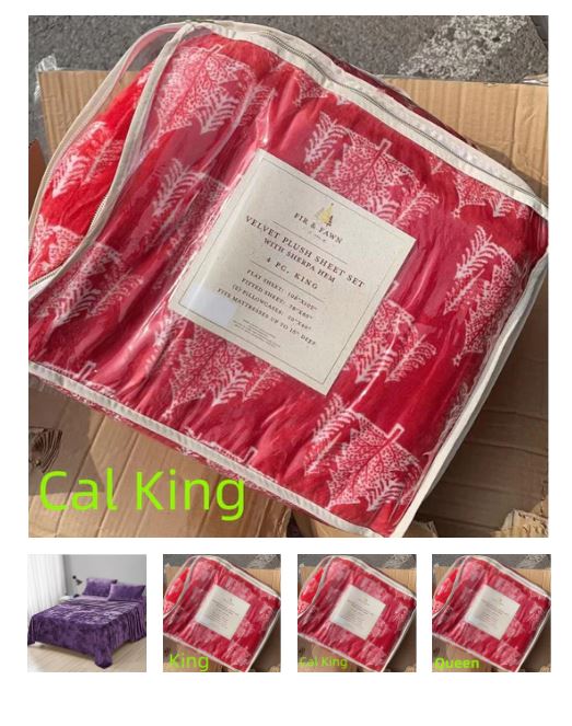 A6255, 4 pcs Velvet Plush Bed Sheet Set With Sherpa Hem, California King, King & Queen Size