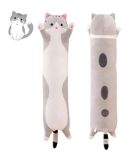 A6257, Long Grey Cat Plush Body Pillow for Kids