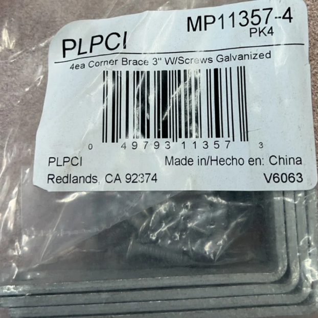 A6202, 4ea Corner Brace 3 W/Screws Galvanized
