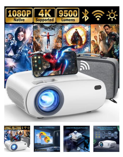 A6072, WiFi Bluetooth Projector 4K Support, 9500L Native 1080P, 300" DL-48 &BL-48 & RD-823 RD-881