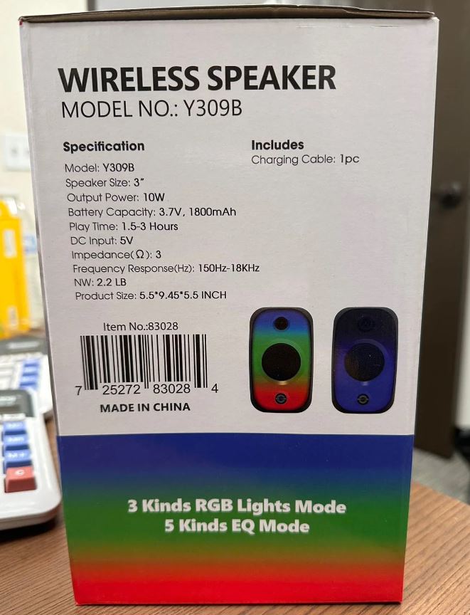 A1078, Bluetooth Wireless Speaker with RGB Lights 8"(Y309B)