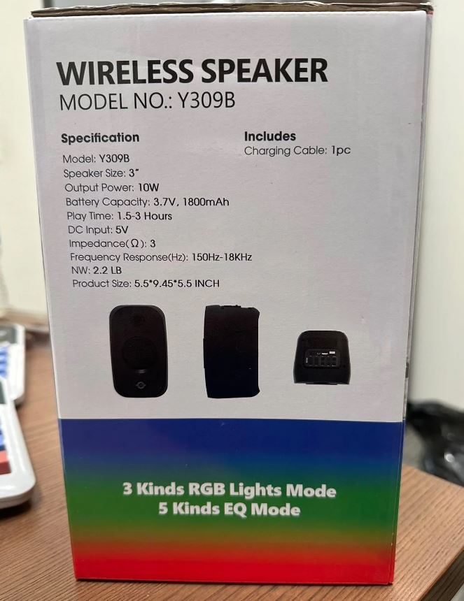 A1078, Bluetooth Wireless Speaker with RGB Lights 8"(Y309B)